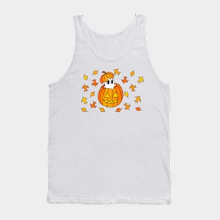 Cartoon Ghost in Jack o Lantern Pumpkin with Fall Leaves, made by EndlessEmporium Tank Top